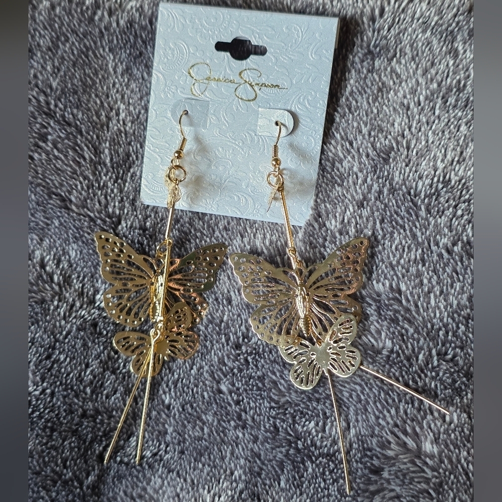 Jessica Simpson Elegant Gold Tone Butterfly Dangle Earrings - Picture 11 of 13